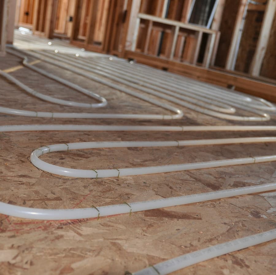 Radiant floor heating tubing laid in tight serpentine loops across an OSB subfloor before the pour.